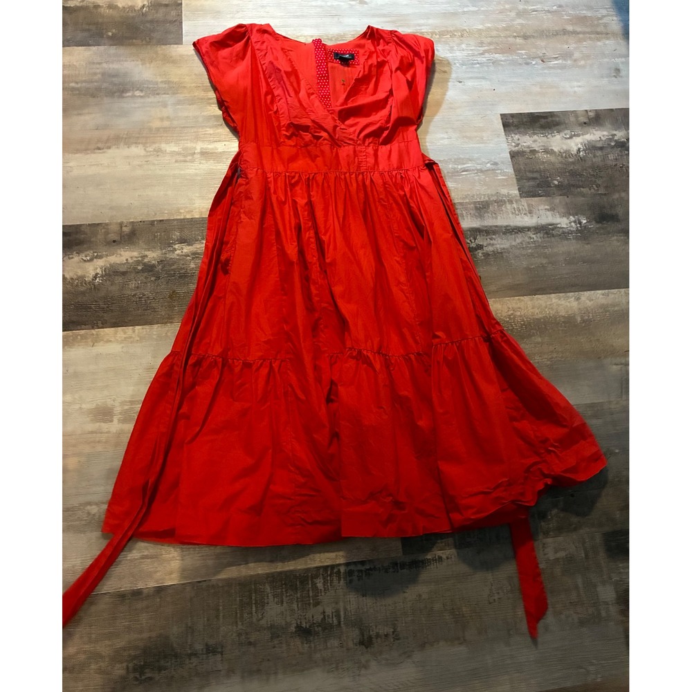 Maeve by Anthropologie Red Cotton Tiered Midi Dress Wrap Neck Tie Waist Sz 10